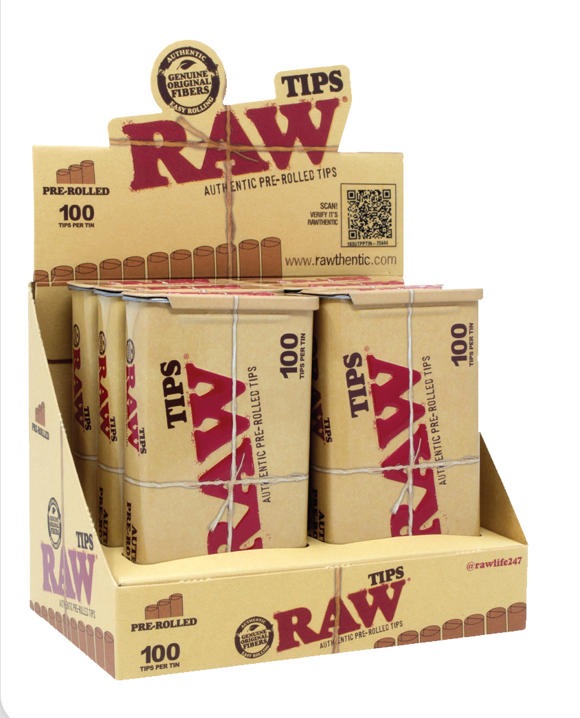 RAW PAPER ACCESSORIES-RAW - PAPER TIPS PRE-ROLLED, 100PC/TIN