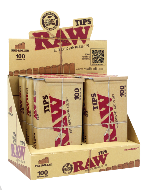 RAW PAPER ACCESSORIES-RAW - PAPER TIPS PRE-ROLLED, 100PC/TIN