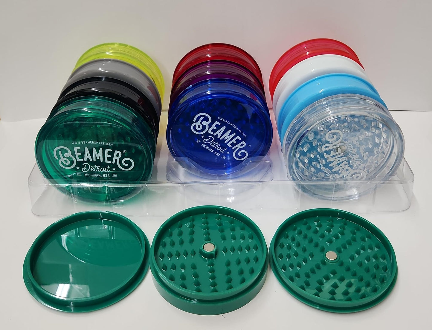 BEAMER GRINDER-BEAMER - VIRGIN ACRYLIC 3PC W/STORAGE 90MM, 12PC/DISPLAY, DETROIT LOGO