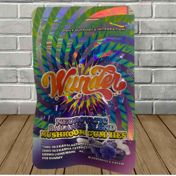 WUNDER MUSHROOM EDIBLES-WUNDER - MUSHROOMS GUMMIES NEUROVATIC BALANCE BLEND 75MG KAVA-30MG KANNA-500MG LIONS MANE, BLUEBERRIES AND CREAM, 2PC/BAG 30BAG/BOX