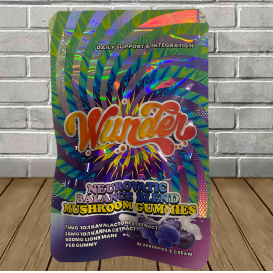 WUNDER MUSHROOM EDIBLES-WUNDER - MUSHROOMS GUMMIES NEUROVATIC BALANCE BLEND 75MG KAVA-30MG KANNA-500MG LIONS MANE, BLUEBERRIES AND CREAM, 2PC/BAG 30BAG/BOX