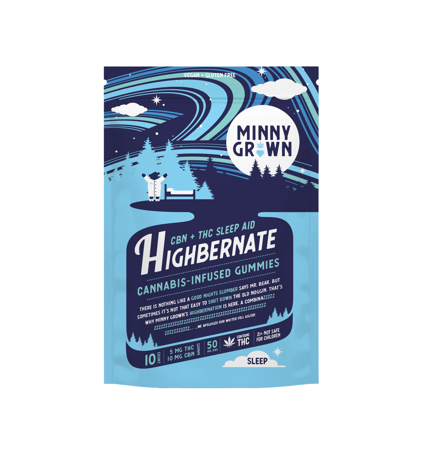 MINNY GROWN HEMP EDIBLES-MINNY GROWN - CBN-THC SLEEP AID GUMMIES HIGHBERNATE, 50MG, 10PC/BAG