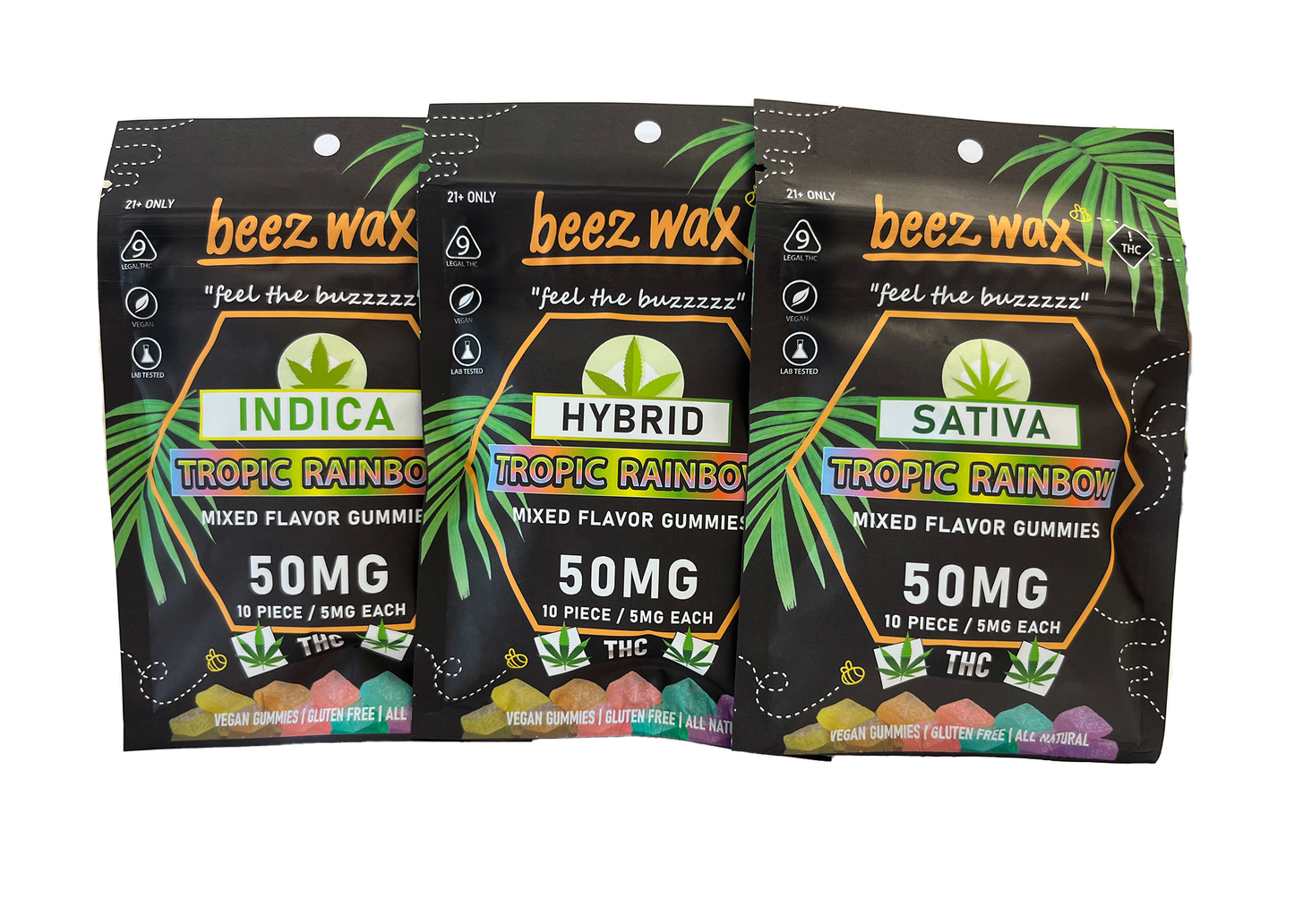 BEEZWAX HEMP EDIBLES-BEEZWAX - LEGAL THC GUMMIES TROPIC RAINBOW, 50MG (10BAGS/BOX)