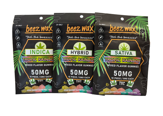 BEEZWAX HEMP EDIBLES-BEEZWAX - LEGAL THC GUMMIES TROPIC RAINBOW, 50MG (10BAGS/BOX)